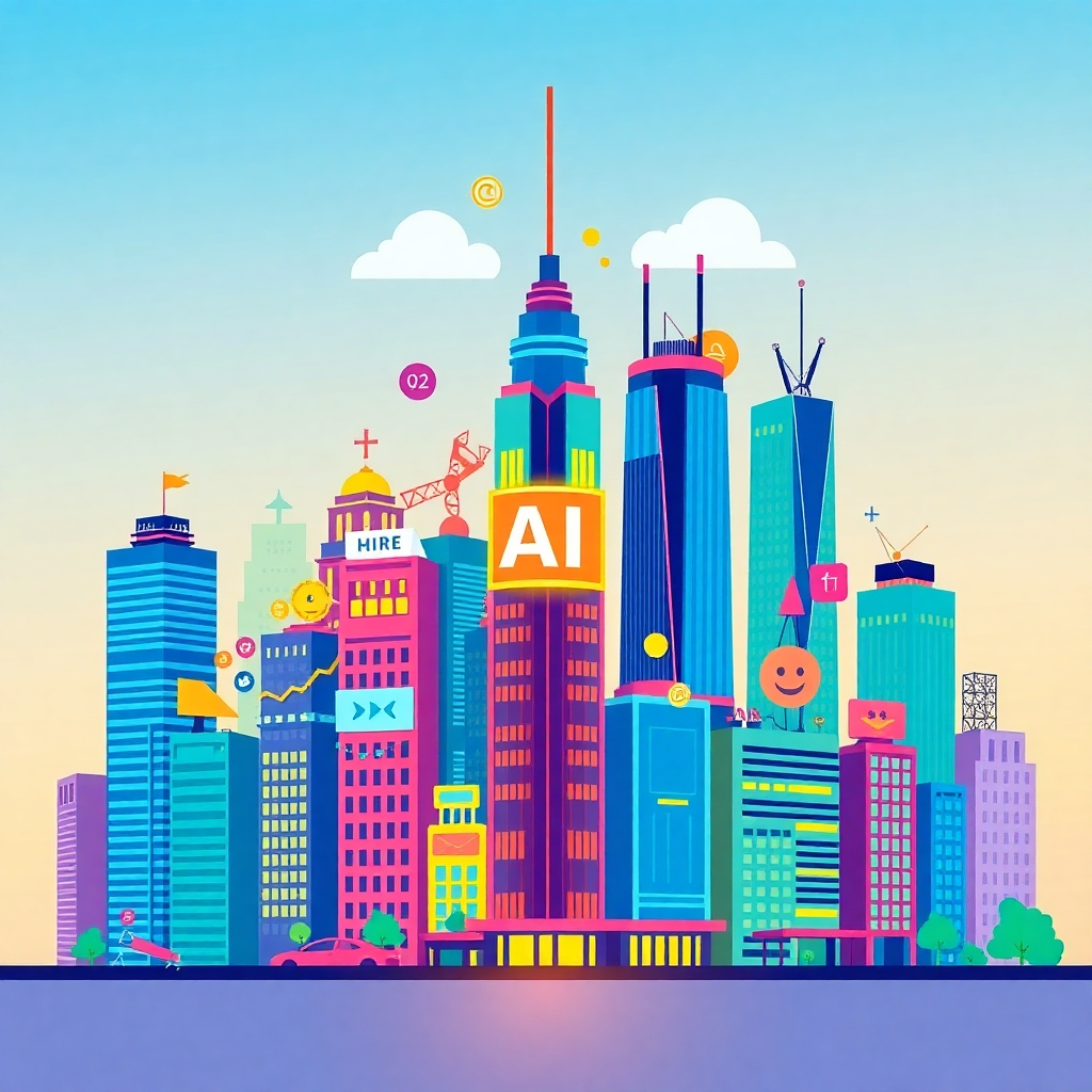 A stylized image representing a cityscape built from various digital marketing icons and symbols. Each building represents a different service, such as web design, content creation, and social media marketing. AI subtly woven into the structure. The color palette is vibrant and dynamic, creating a sense of energy and innovation. 4K resolution.