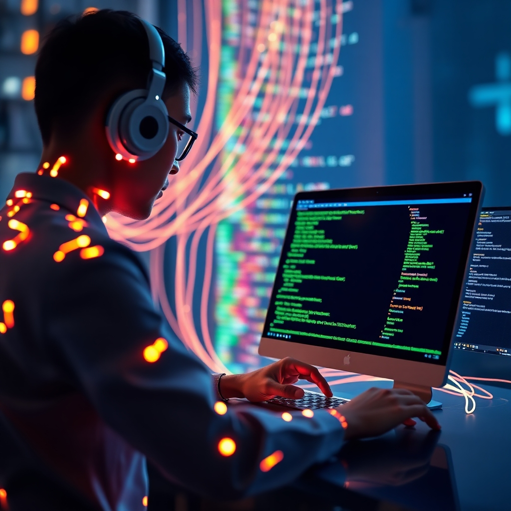 An AI designing a website interface in real-time. Code visualised as light strands.