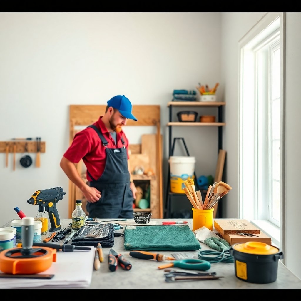 Capture a photorealistic image that showcases the professional setup of World Wide Painting's painters during a project.  The focus should be on the organized workspace with tools and materials neatly arranged.  The lighting should be clear and show off a clean, well-organized environment. The camera angle should show a clean and professional workspace with all materials and tools properly organized, showcasing professionalism and attention to detail.