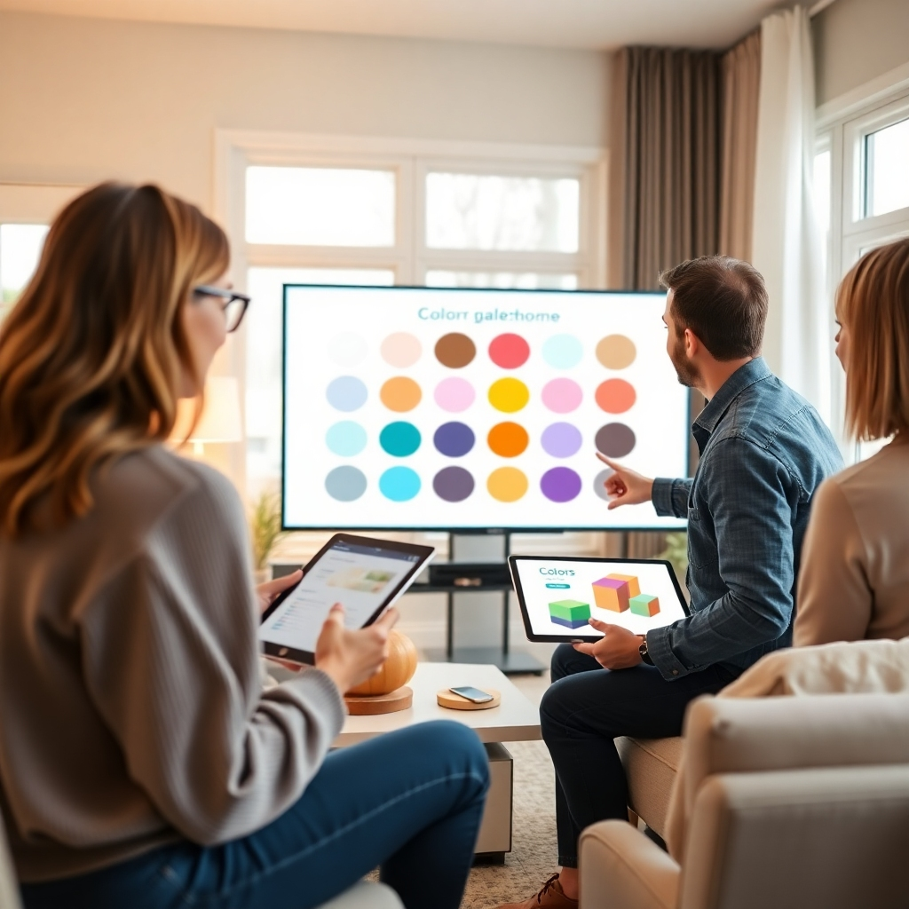 Capture a photorealistic image of a color consultant interacting with clients in a home, presenting color palettes on a large screen. The home should have a modern yet welcoming atmosphere. Lighting should be soft and warm, creating a comfortable setting. The camera angle should be medium shot, showing the consultant and clients in detail. The consultant should use modern technology for displaying palettes and design concepts, such as a large screen or tablet. Include relevant design elements to enhance visual appeal.