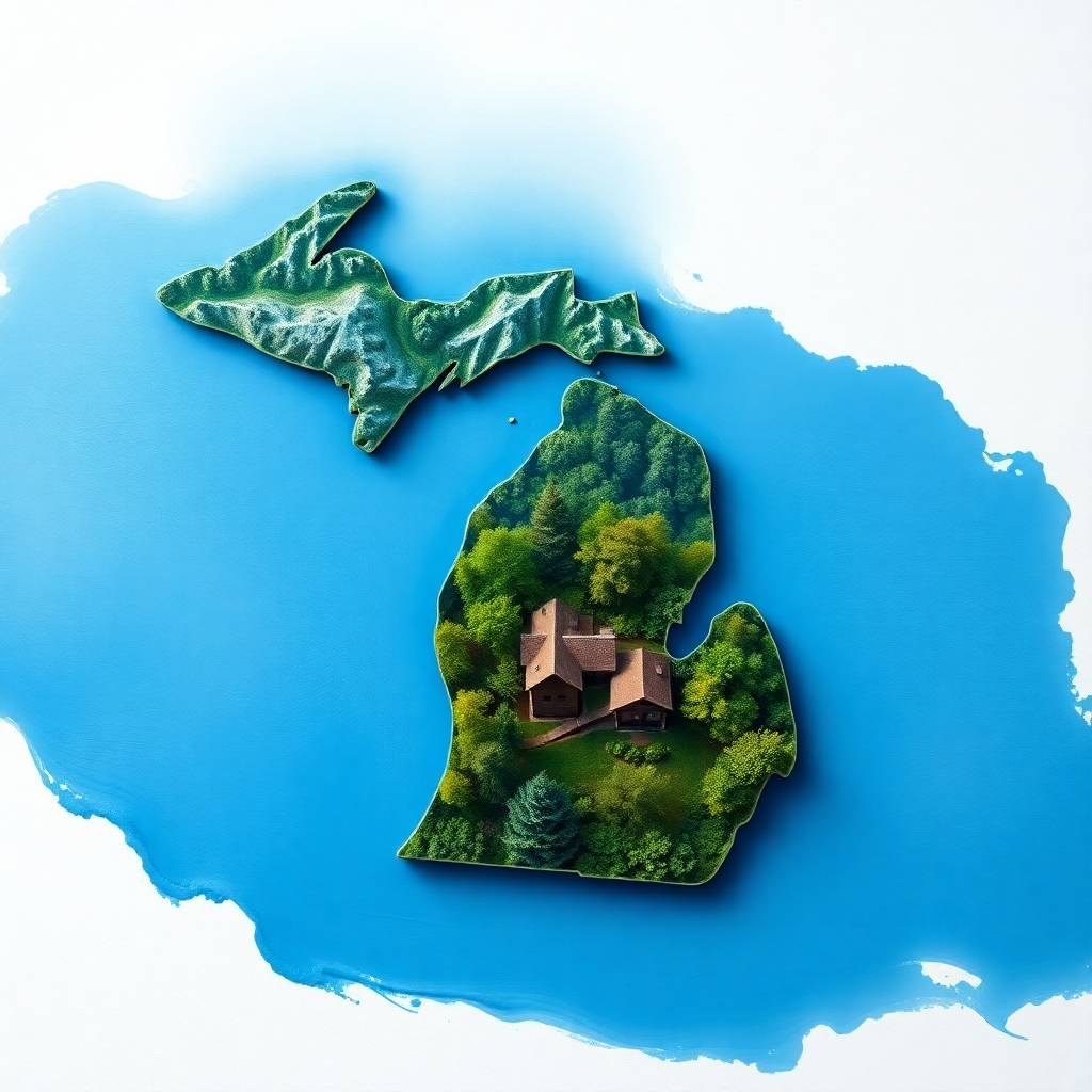 Create a 4K resolution image portraying the essence of "World Wide Painting."  The image should feature a stylized, almost painterly depiction of a paintbrush stroke morphing into the outline of the Michigan state map, with a palette of colors reflecting the diverse landscapes of the state (blues for the Great Lakes, greens for forests, etc.). Use a soft, slightly impressionistic style reminiscent of watercolor painting. The lighting should be soft and diffused, emphasizing the fluidity of the paint stroke. The camera angle should be directly overhead, presenting a bird's-eye view of the transformation. The textures should evoke the smoothness of paint and the roughness of the map's contours.   The overall style should be sophisticated and inspiring, representing creativity and geographical focus. The color palette should be gentle and inviting. The scene should ideally include a subtle inclusion of a house, reflecting the home painting aspect of the service.