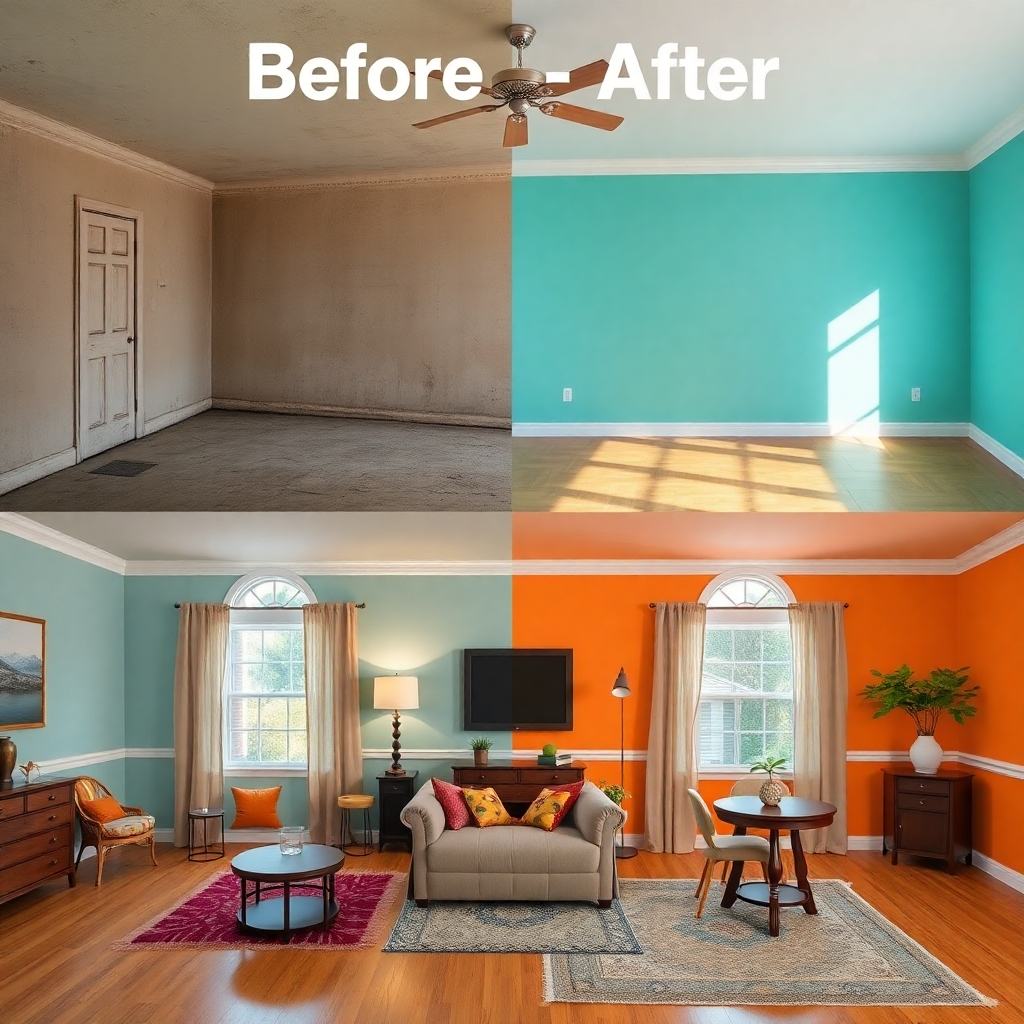 Create a before-and-after photorealistic image of a home painting project that showcases an exceptional transformation. The "before" image should depict a dull and outdated space, while the "after" image reveals a vibrant and refreshed environment. The color palette should be a dramatic contrast, highlighting the impact of the painting work. The lighting conditions should be consistent in both images to clearly show the difference. The camera angles should be identical to allow for an effective side-by-side comparison. High-quality details in both images are crucial to the image's impact.