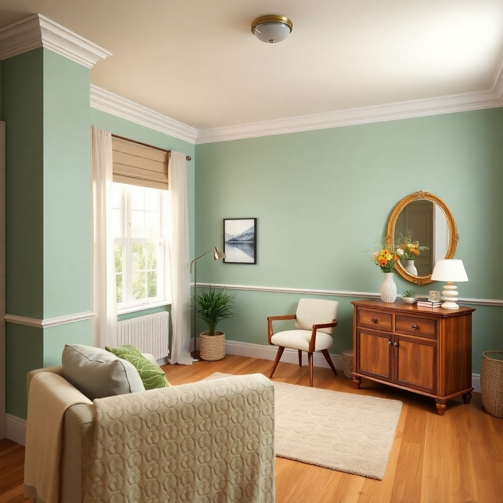 Create a photorealistic image depicting a beautifully painted interior room, highlighting the quality of the paint job and attention to detail. The image should focus on a beautifully painted room that showcases the attention to detail, such as the clean lines and smooth finish. The lighting should be warm and inviting. The camera angle should showcase the room's complete makeover and transformation. The color palette should be soft and inviting.