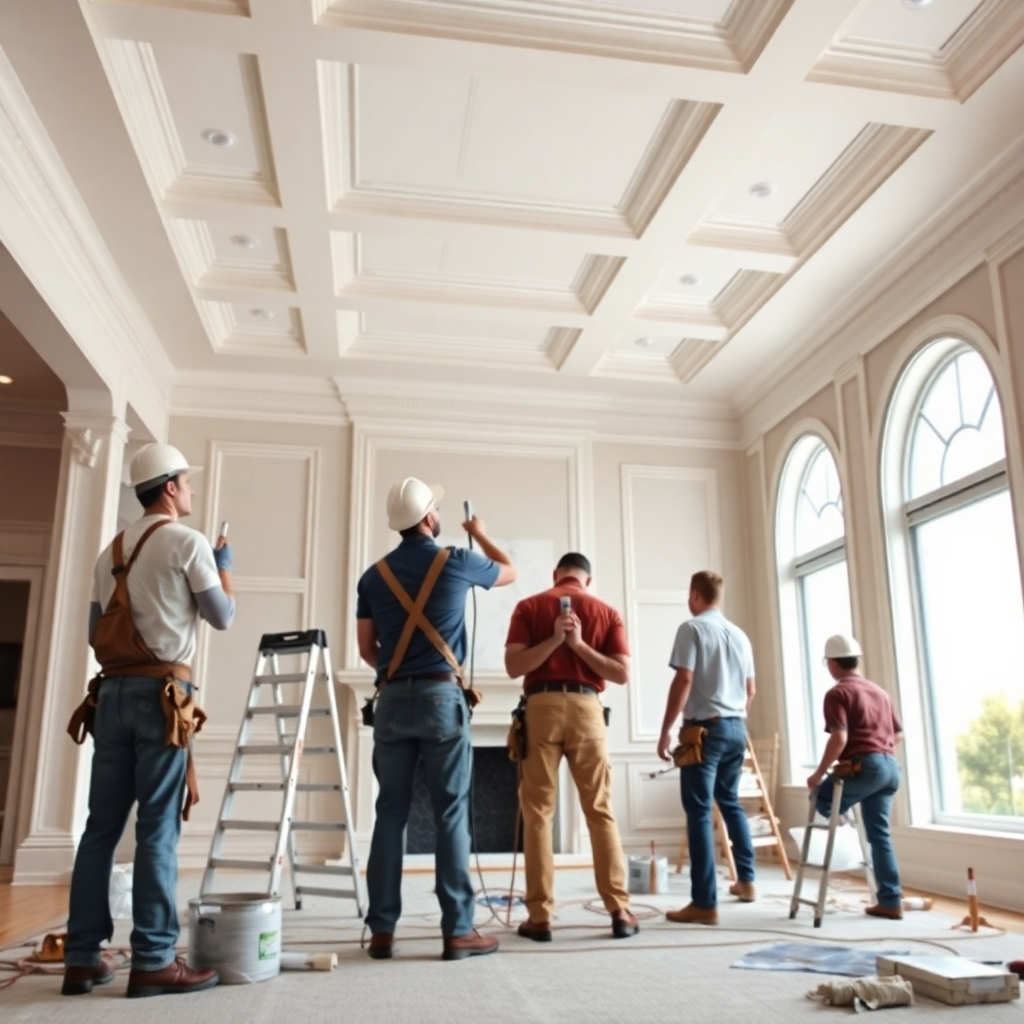 Create a photorealistic image showcasing a team of expert painters working together on a large-scale interior painting project.  The image should highlight the teamwork, professionalism, and meticulousness of the painters. The painting setting should be a modern, upscale home, focusing on a grand room with high ceilings and detailed crown molding. The lighting should be bright and natural, emphasizing the clean lines and precise work. The camera angle should be slightly elevated, showing the entire scene and highlighting the interaction between the painters.  The overall style should be clean, contemporary, and high-end, reflecting the professionalism of World Wide Painting. The color palette could use neutral tones, such as grays, whites, and beiges, to let the details of the work stand out.