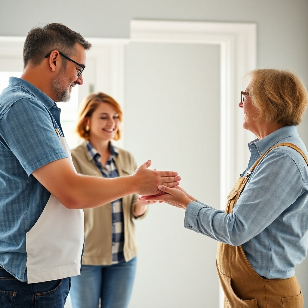 Create a photorealistic image depicting the painter interacting respectfully with the homeowner during a project. This should portray a friendly and professional dynamic. The lighting should be natural and soft. The camera angle should be a medium shot, showcasing the homeowner and painter in a clear yet subtle way. Show the painter presenting the homeowner with a finished section of the project to showcase the attention to detail.