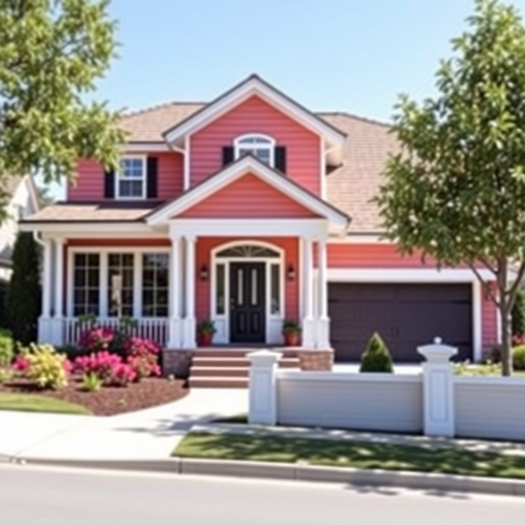 Create a photorealistic image depicting a house that has been freshly painted, showcasing the enhancement of the house's curb appeal. The image should highlight the exterior of the home and how it complements the landscape. The lighting should be bright and showcase the clean lines and vibrant colors. The camera angle should be from a position that highlights the house's exterior, such as from the street or a distance, showing the overall impact of the paint job. The house's architecture and style should also be showcased clearly.