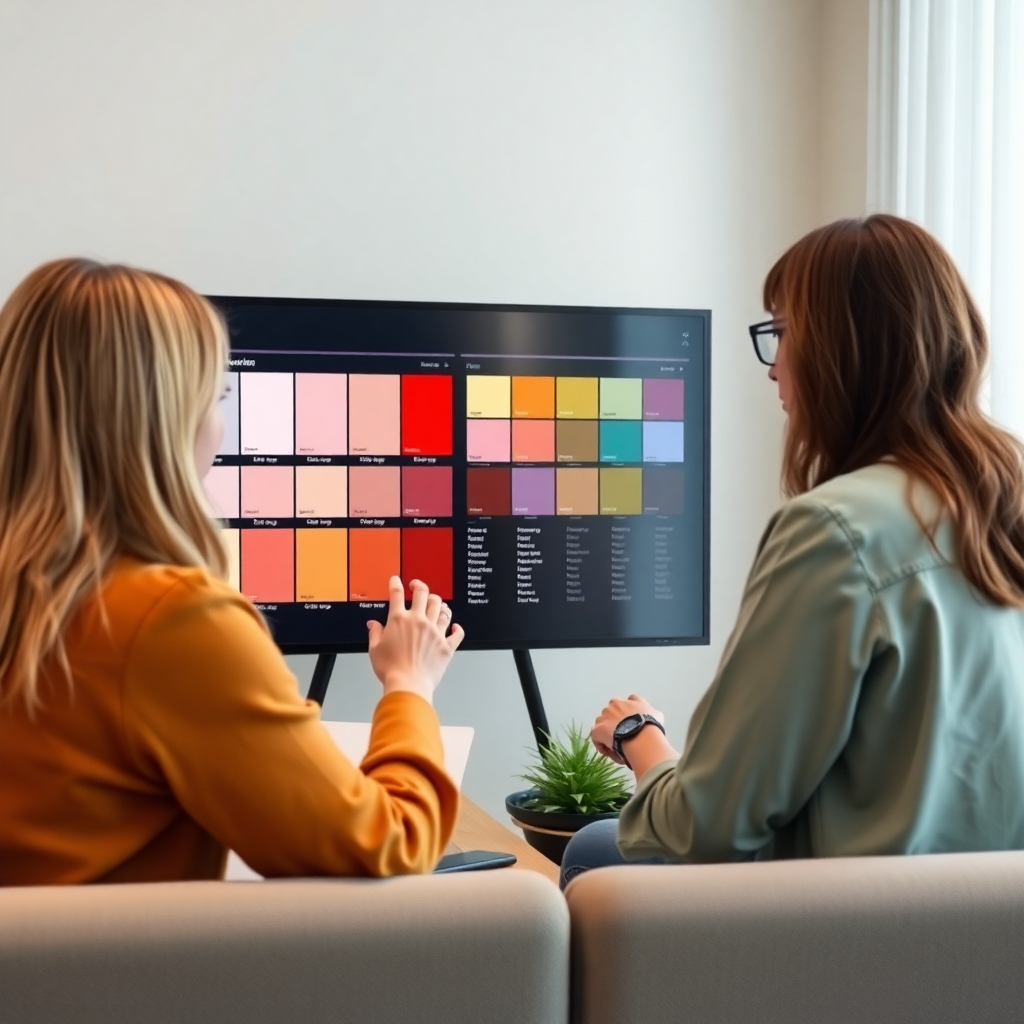 Create a photorealistic image depicting a color consultant working with a client, presenting color palettes on a large screen.  The scene should convey a personalized consultation experience. The lighting should be inviting and soft. The camera angle should showcase the interaction between the consultant and the client, such as a medium shot. Show the interaction and highlight design concepts and tools to communicate a professional and informative image.