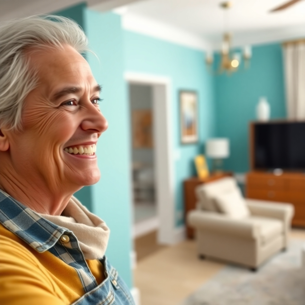 Create a photorealistic image showcasing a client's genuine smile and positive reaction upon completion of a painting project. The image should capture a moment of satisfaction and appreciation.  The image should focus on the completed paint job and showcase how the colors complement the room's overall aesthetic.   The lighting should be inviting and positive, emphasizing the positive emotion of the client. The camera angle should highlight the homeowner's reaction to the completed project and the overall environment.