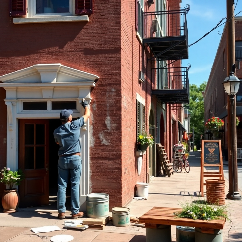Create a photorealistic image showing a painter working on a historic building in a charming Michigan town. The image should highlight the architectural details and the painter's attention to preserving the building's character. The scene should include elements representing the local culture and environment.  The lighting should be natural and highlight the building's features. The camera angle should be medium shot, clearly showing the painter and building details. Include elements that clearly showcase the building's local architectural features and the town's atmosphere.