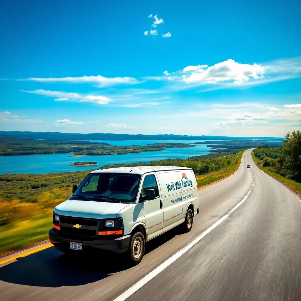 Create an image that depicts a van or truck with the World Wide Painting logo traveling across a scenic Michigan highway or landscape. The lighting should be bright and vibrant, showcasing the beauty of Michigan. The camera angle could be slightly elevated or at eye level, showcasing the van in the context of a beautiful landscape. Include a Michigan landscape that's recognizable. The van should be clean, and have a clear logo.