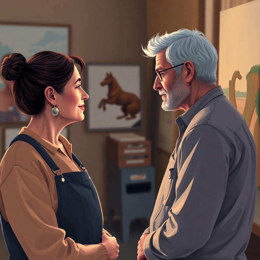 Illustrate a photorealistic scene with a painter actively listening to a client's feedback, showcasing active communication and care. The lighting should be warm and inviting. The camera angle could be over the shoulder of one of the individuals, to show clear visual interaction between painter and client.  Focus on the details of the interaction and the quality of communication between the two parties.