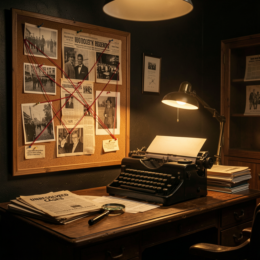 Detective corkboard with crime clues