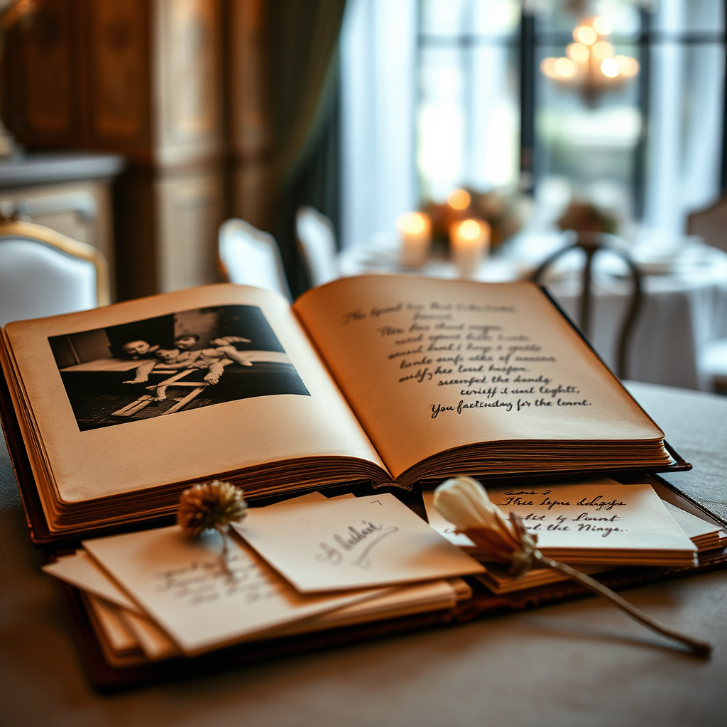 Aesthetic display of event memories including a photo album, notes, and dried flower.