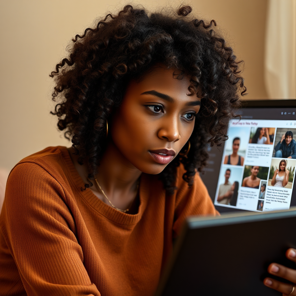 A person with brown complexion and curly hair looking thoughtfully at a storyboard on a screen, depicting the creative process of storytelling.