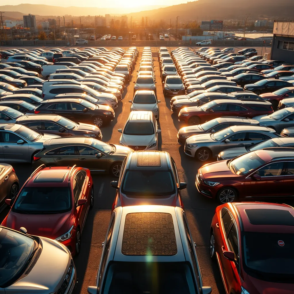 A bustling outdoor lot showcasing a variety of used cars. The sun casts warm, golden light, highlighting the colors and textures of the vehicles.  Focus on a diverse selection of makes and models, from sleek sedans to rugged SUVs, each carefully maintained and presented with pride.  The cars are arranged in neat rows, with ample space between them, creating a clean and organized feel.  The background includes a picturesque cityscape or natural scenery, adding to the inviting atmosphere.  The image should have a sense of depth and perspective, showcasing the expansive lot and the variety of options available.  Capture the image with a high dynamic range, emphasizing the contrast between the bright sunlight and the shadows cast by the vehicles.  Texture and material details should be captured realistically, showcasing the condition of the cars.  Overall, the image should convey a sense of reliability, value, and opportunity, showcasing the quality and selection of Auto Ontario's pre-owned inventory.
