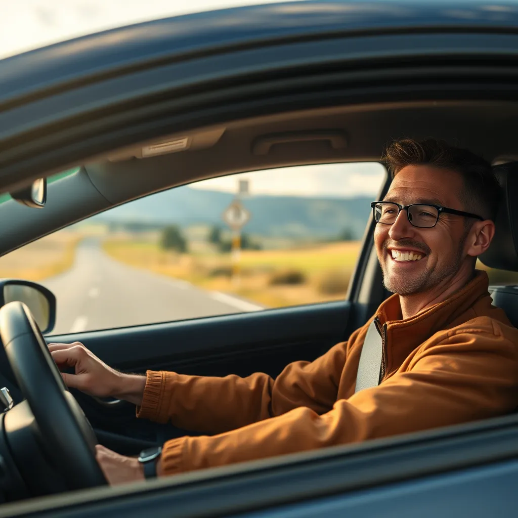 A close-up image of a car owner smiling while sitting in the driver's seat of their new car. The background should be a scenic countryside road, highlighting the joy of driving and personal freedom. The image should convey a sense of satisfaction and accomplishment.