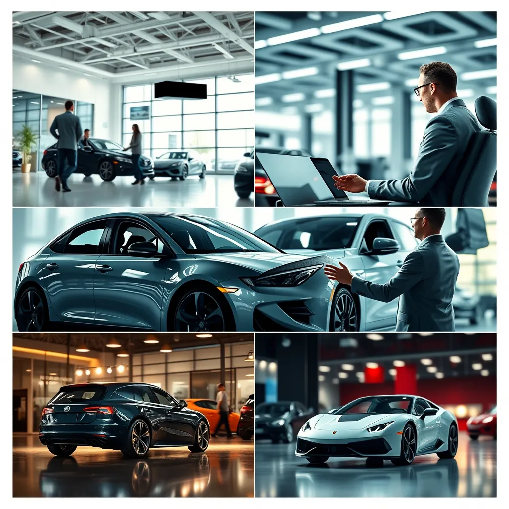 A collage of images depicting various auto sales channels: a modern car dealership showroom, a customer browsing cars online, a mobile car sales representative interacting with a client, and a car auction taking place.