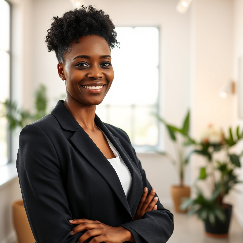 Professional Afro-Caribbean funeral director in a serene setting.