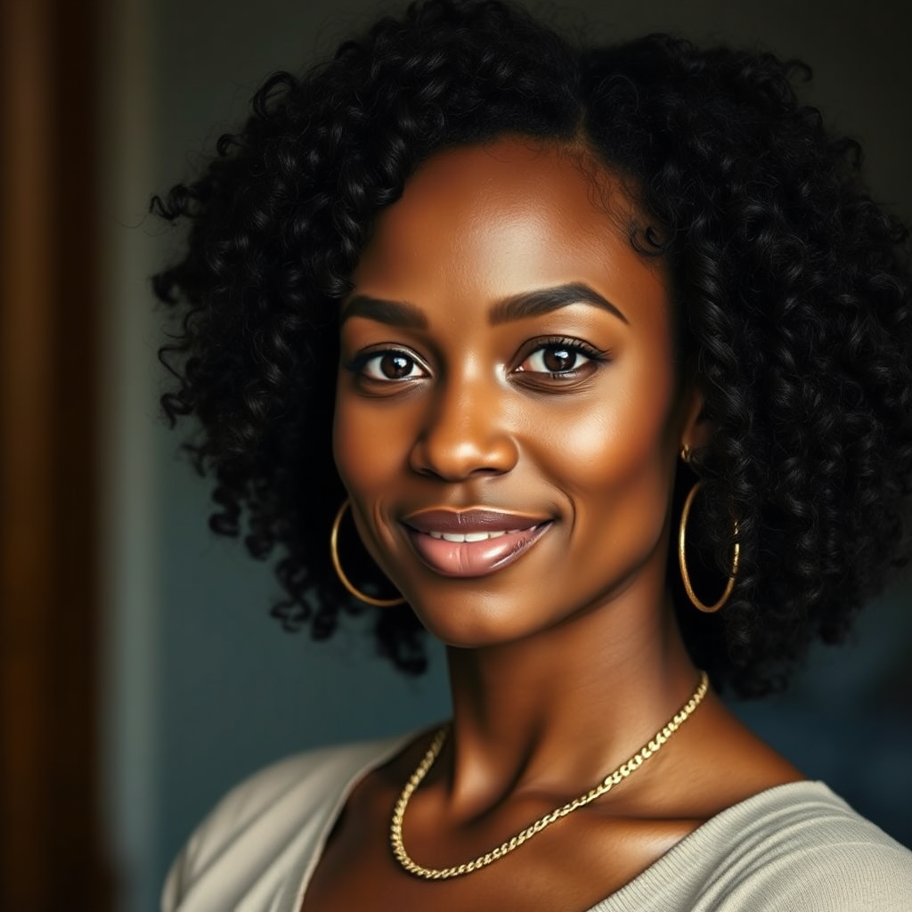 Client profile, brown skin, curly hair