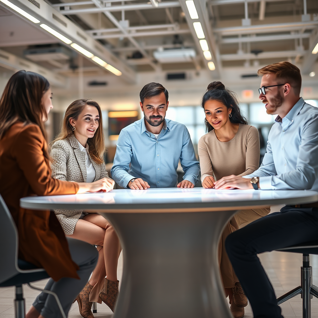 Diverse group collaborating in a modern workspace