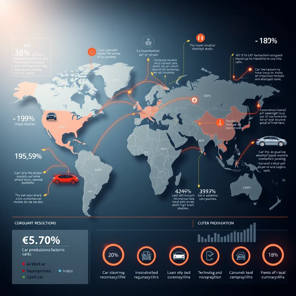 A dynamic infographic showing a world map with arrows indicating global trade routes for cars, overlaid with statistics on car production and sales in major regions. Include icons representing factors like economic growth, technological innovation, and consumer demand.