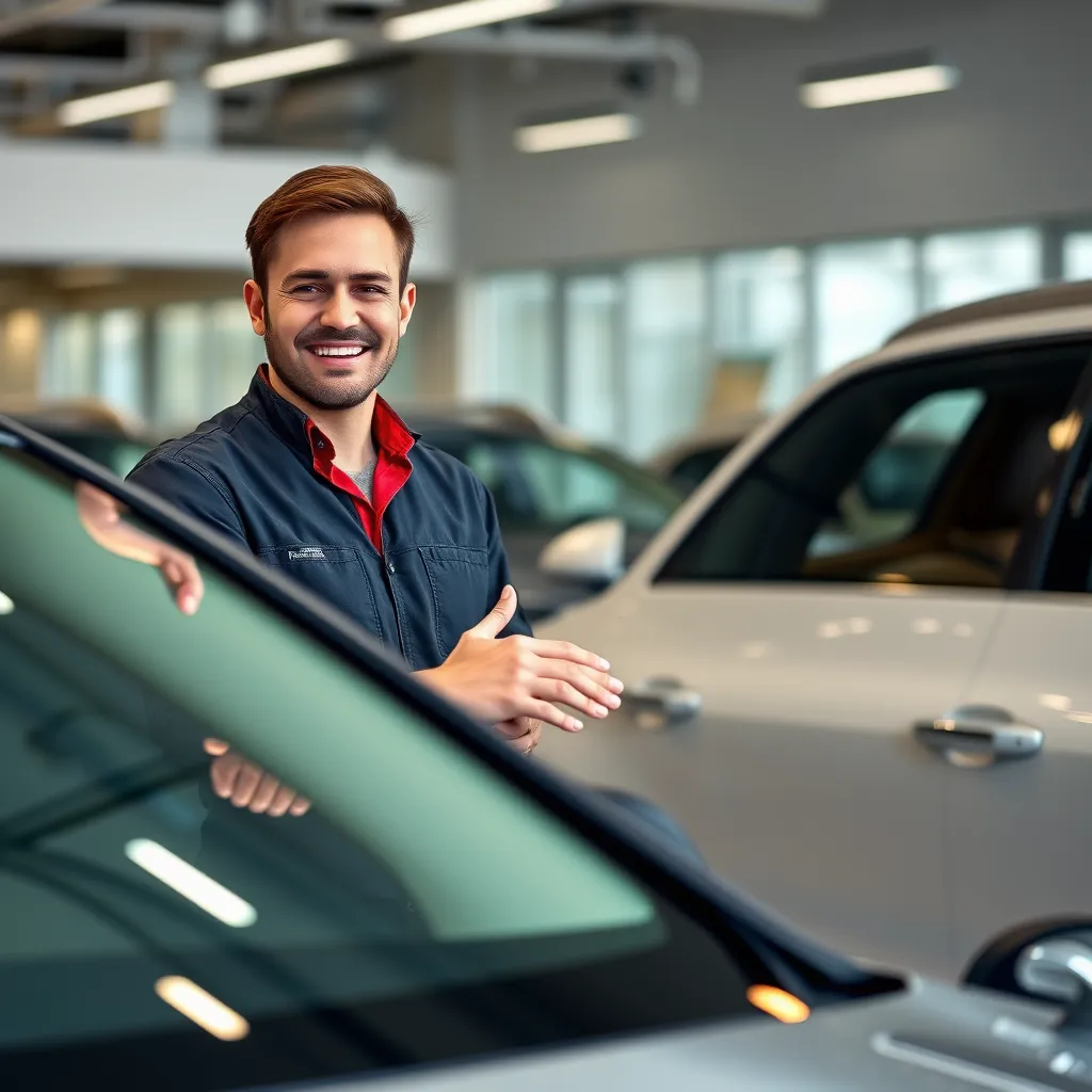 A friendly car salesperson standing beside a car, smiling and pointing out features to a potential customer, with a background of a car dealership showroom