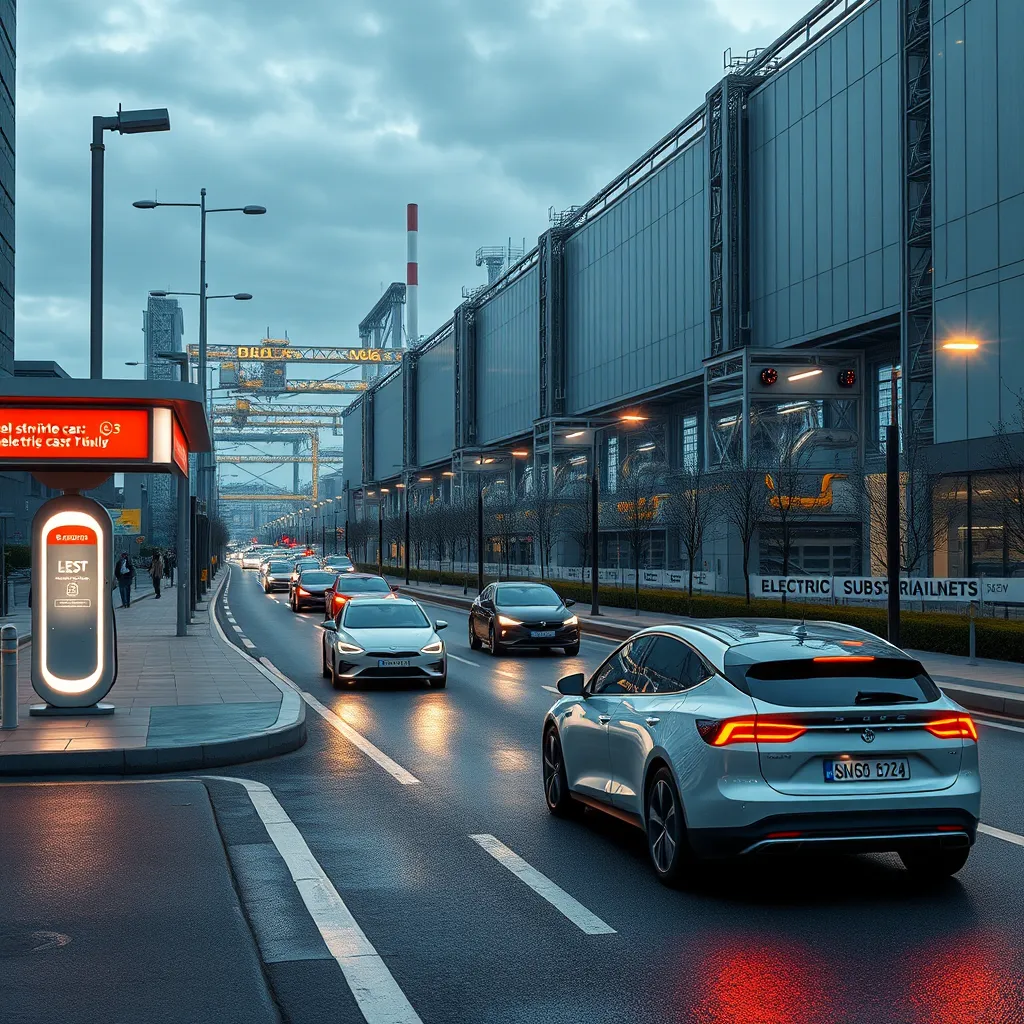A futuristic cityscape with self-driving cars navigating streets, alongside a charging station for electric vehicles and a car subscription service advertisement. In the background, a factory producing electric cars with advanced robotics.