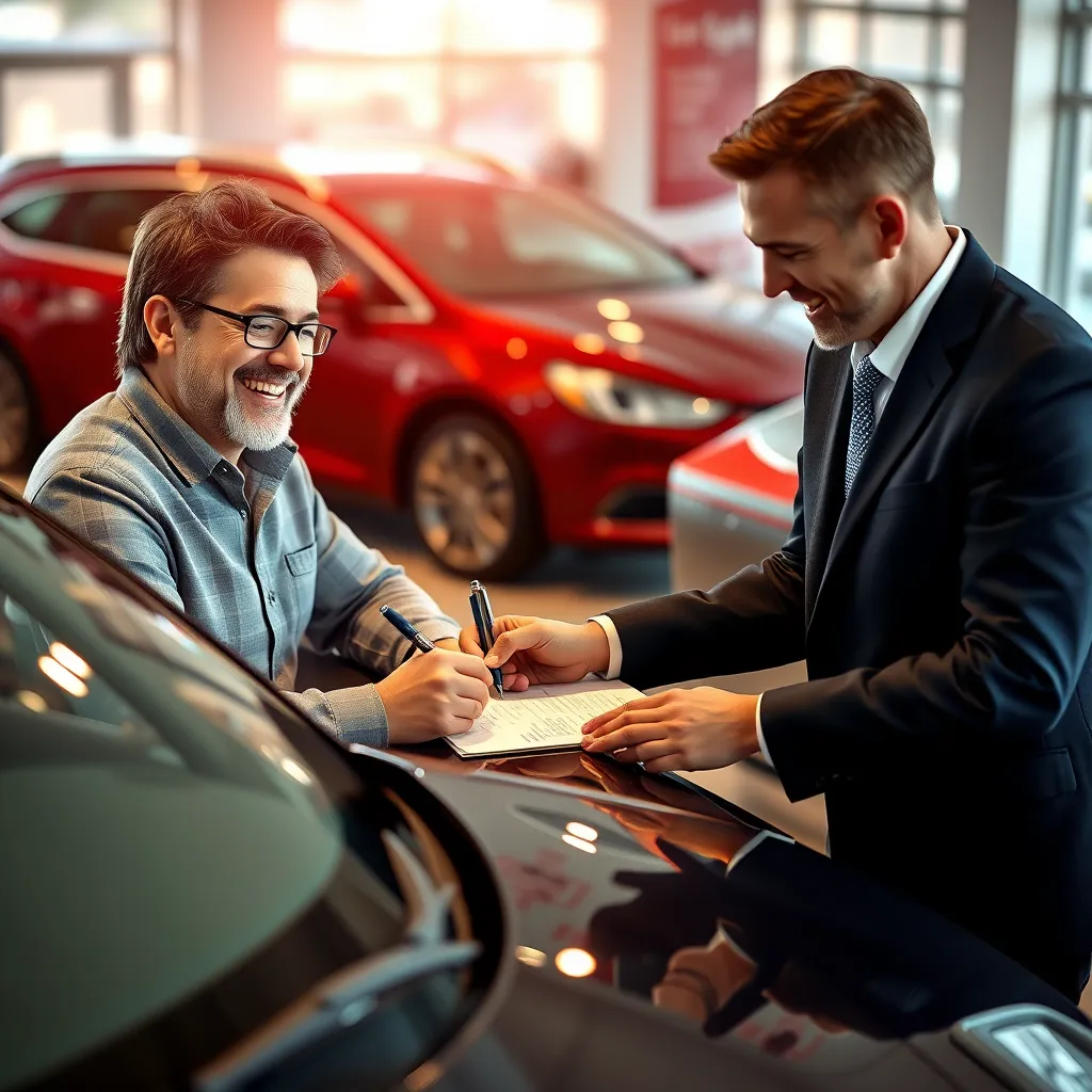 A happy customer signing paperwork at a car dealership. The scene should include the customer's old car, a shiny new car, and the salesperson holding a document with the trade-in value prominently displayed. The image should convey a sense of excitement and financial savings.