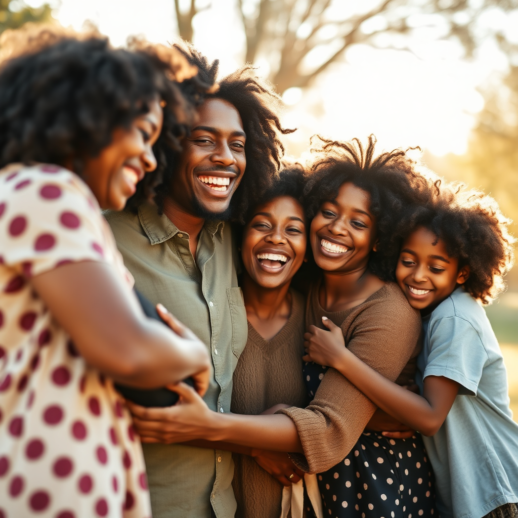 Happy family celebrating, brown skin, curly hair