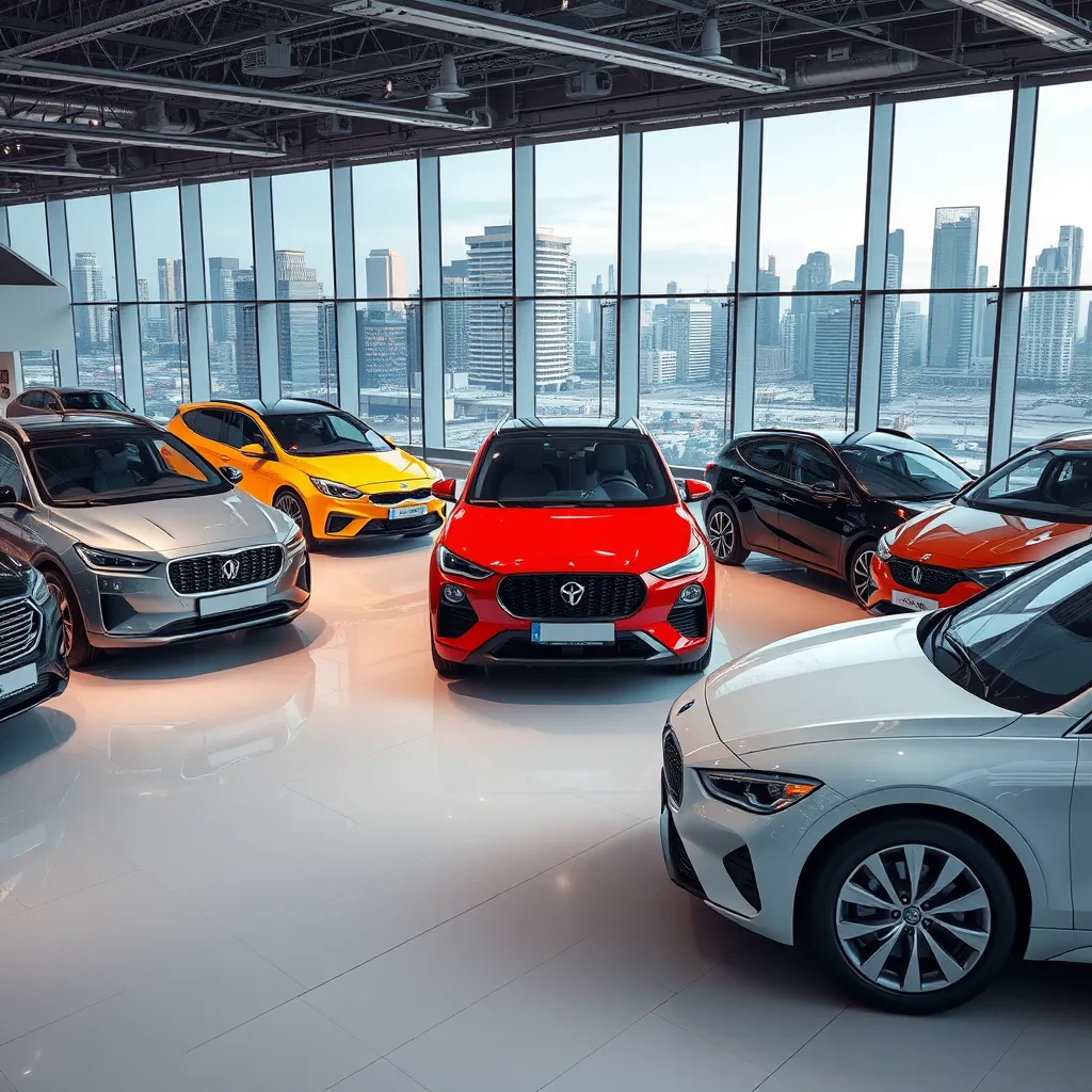 A modern car dealership showroom with a diverse range of vehicles on display. The background should feature a bustling city skyline, signifying the impact of urban life on car demand. The image should capture a sense of excitement and opportunity.