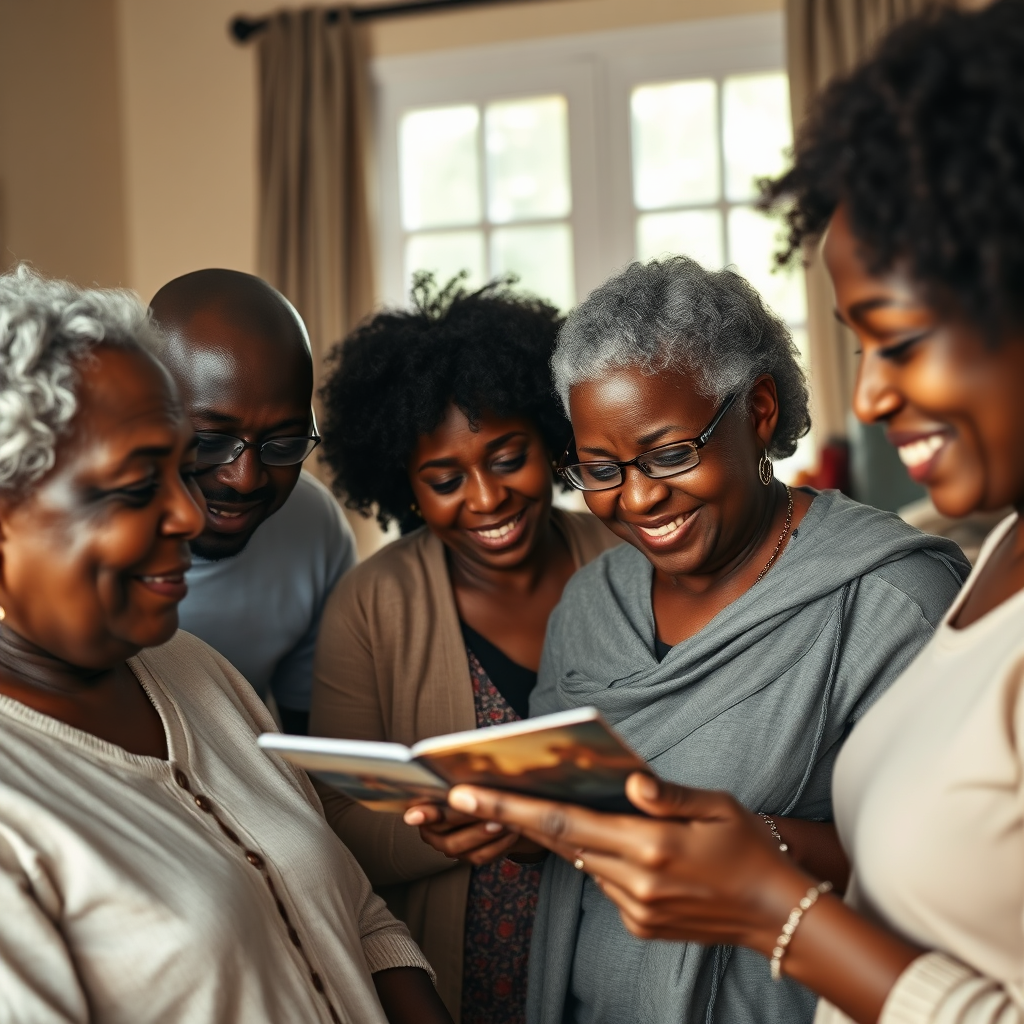 Multi-generational Afro-Caribbean family gathering, sharing memories.