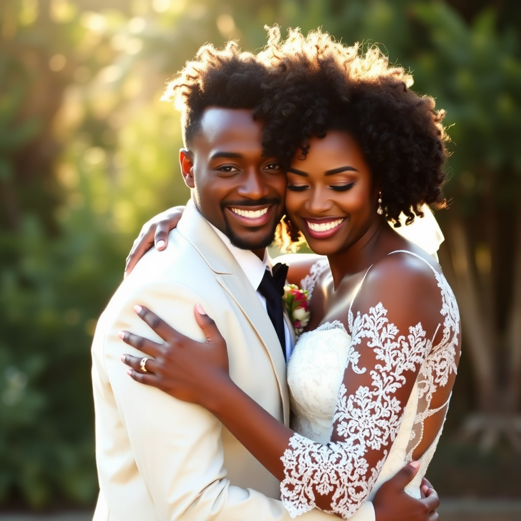 Couple embracing on their wedding day, brown skin, curly hair