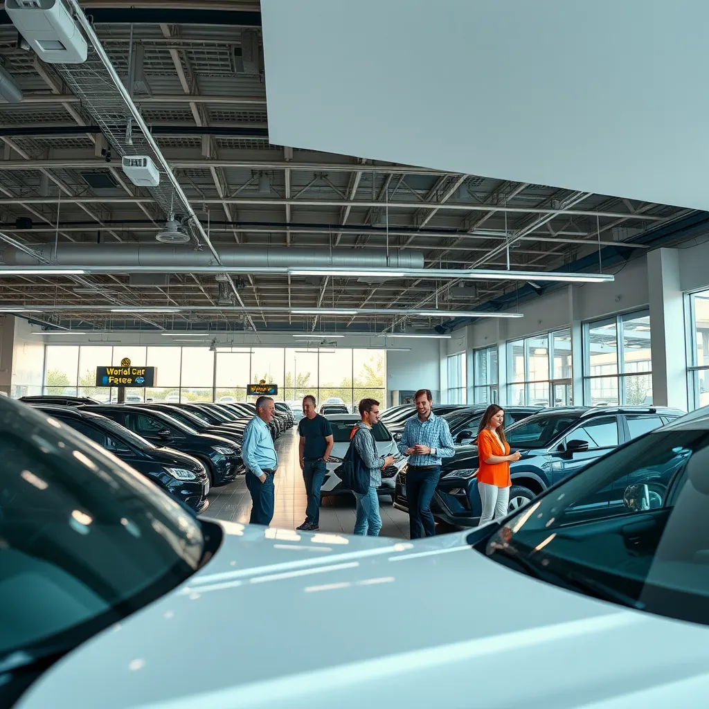 A panoramic view of a bustling car dealership, showcasing the entire process from the trade-in appraisal to the new car purchase. Highlight the ease of transition, with smiling staff members interacting with customers and paperwork being handled efficiently.