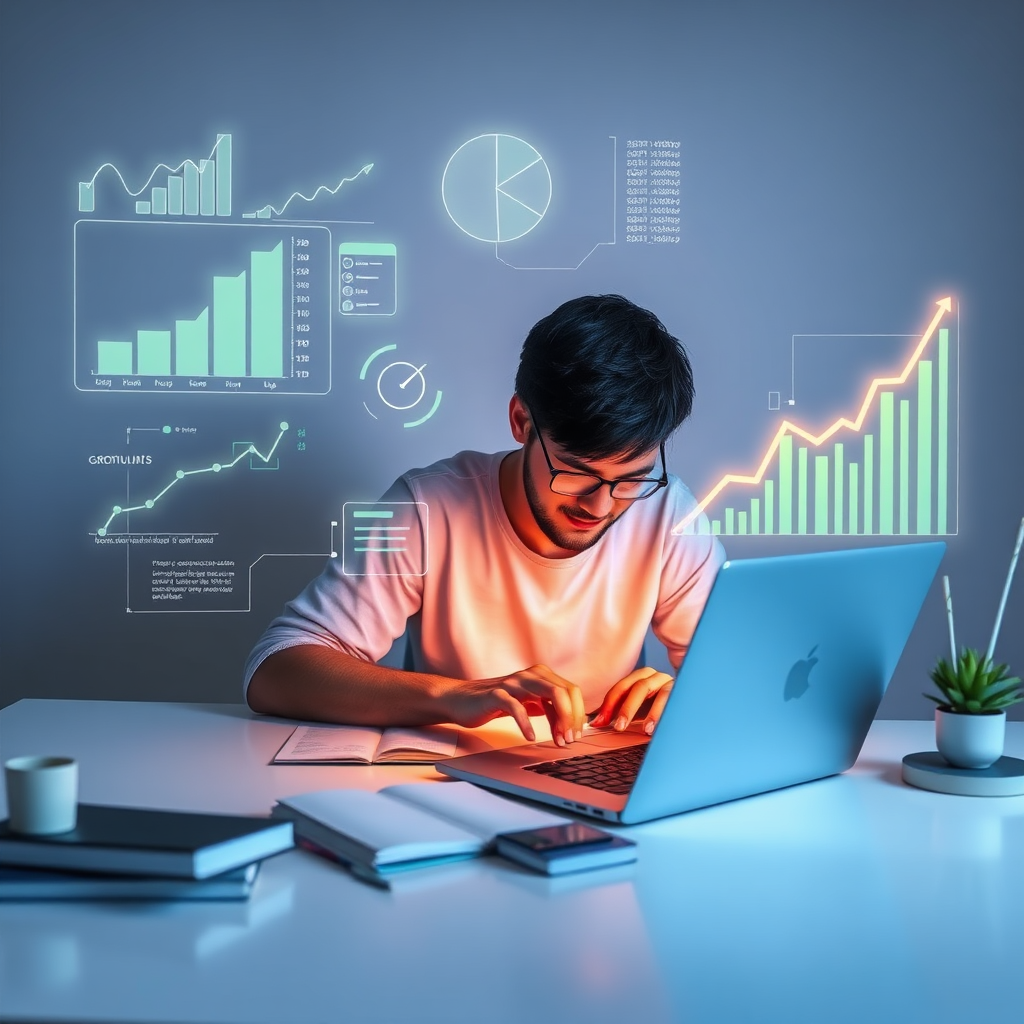 Person studying on a laptop with data visualizations