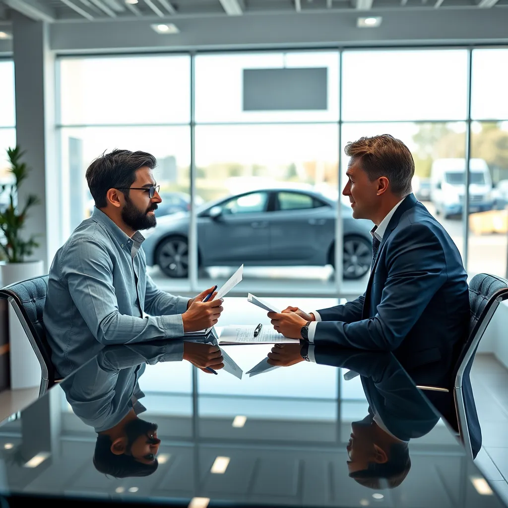 A person sitting across from a car salesperson at a dealership's desk. They are both holding pens and papers and are having a conversation about the car's price. The background is a dealership office with a car parked outside the window.