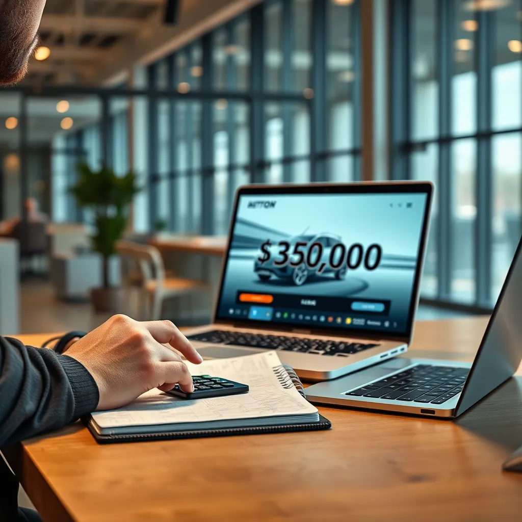 A person sitting at a desk with a calculator and a notebook open. They are looking at a car advertisement on a laptop with a price tag of $30,000. The background is a modern office space with large windows.