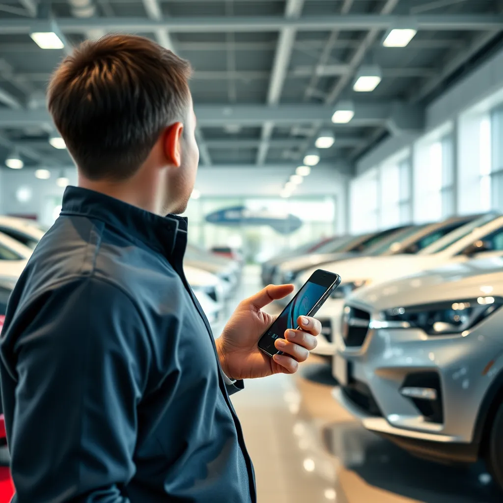 A person standing in a car dealership showroom looking at a row of shiny new cars. The person is holding a smartphone in one hand and is using it to compare car models. The background is a modern car dealership showroom with bright lighting.