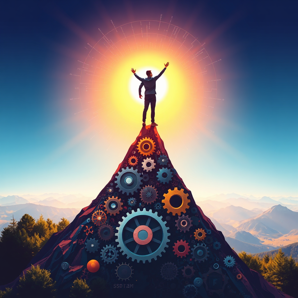Person achieving goals on a metaphorical mountain of success