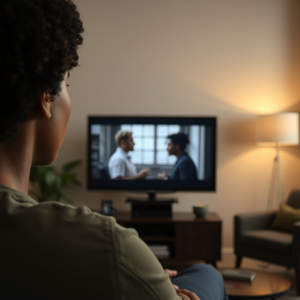 Individual thoughtfully viewing a story film on a screen, embodying discretion and warmth, brown complexion, curly hair.