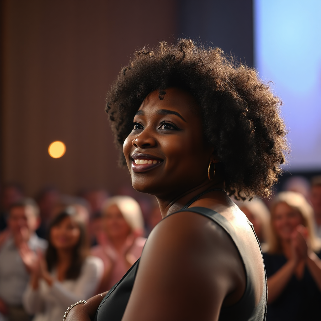 Person receiving an award, brown skin, curly hair