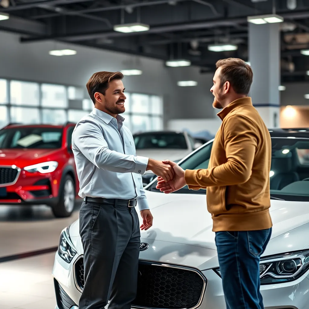 A photorealistic image of a car salesman and a potential buyer shaking hands in front of a car, with a background of a car dealership.