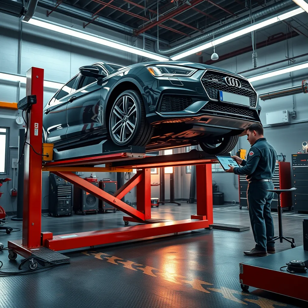 A photorealistic image of a car being aligned on a lift in a mechanic's bay. The image should feature a technician using a digital alignment system, emphasizing the advanced technology used in the process.