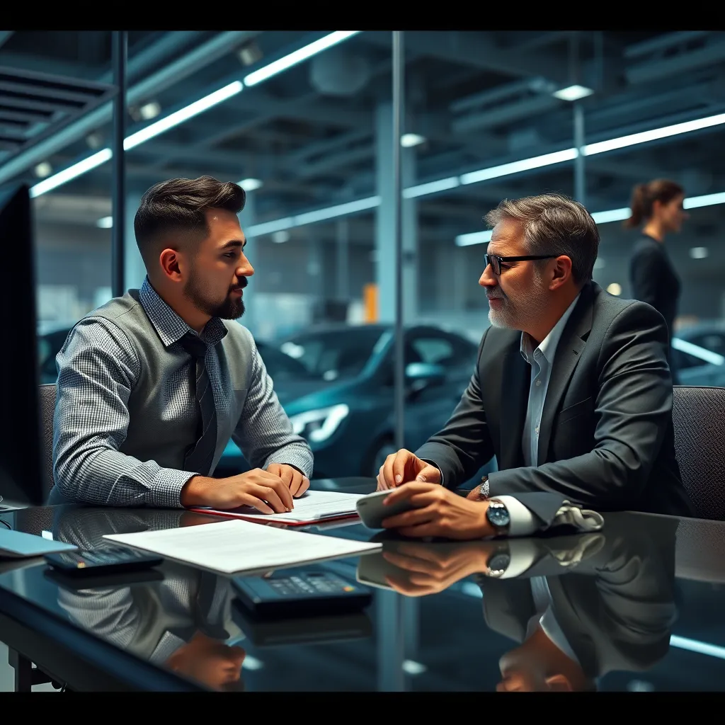 A photorealistic image of a car salesperson and a customer sitting at a desk, engaged in a conversation, with documents and a calculator in front of them, emphasizing a professional and focused negotiation process.