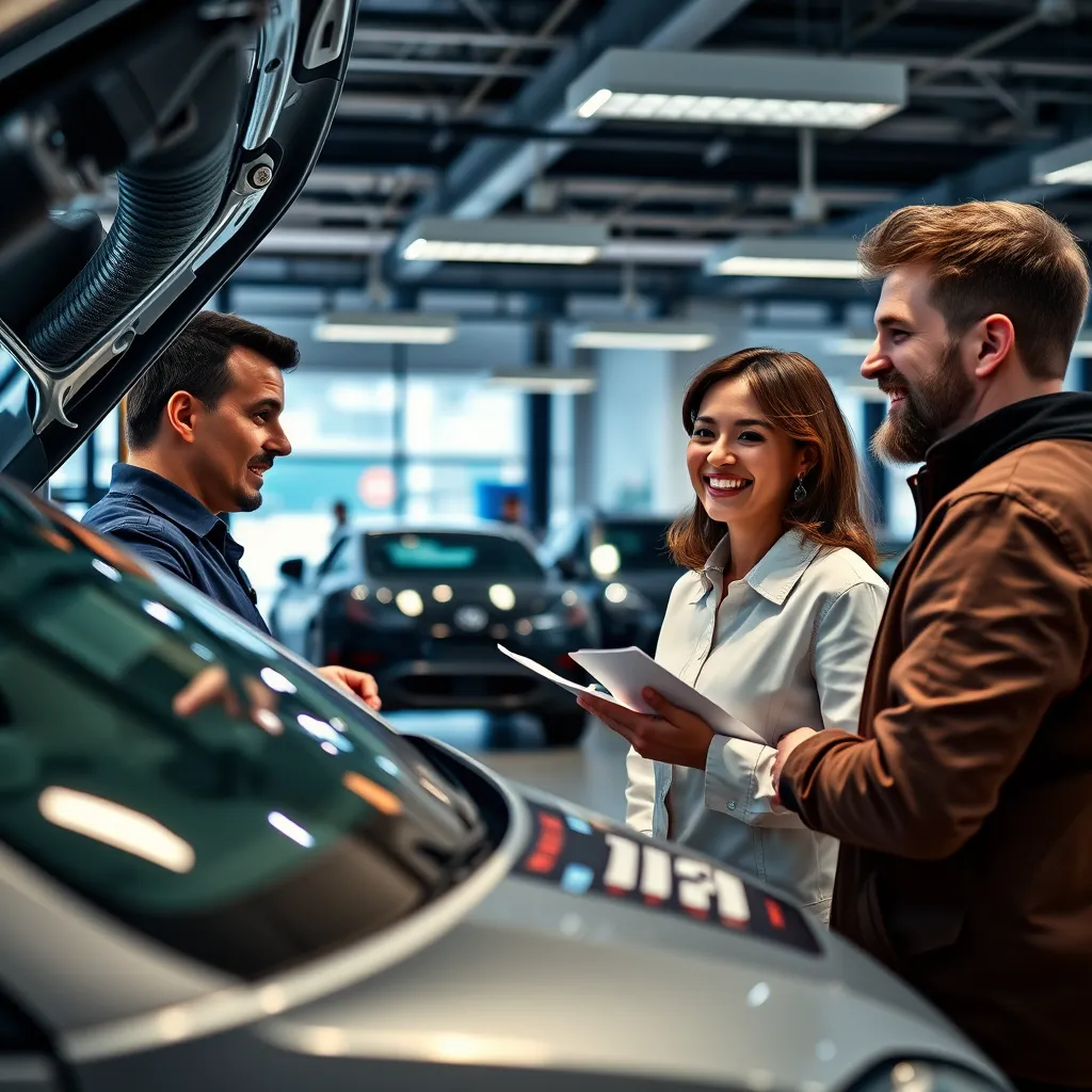 A photorealistic image of a car dealership service department, with a mechanic inspecting a car, a customer smiling and receiving a detailed explanation, showcasing a clean, professional, and customer-centric environment.