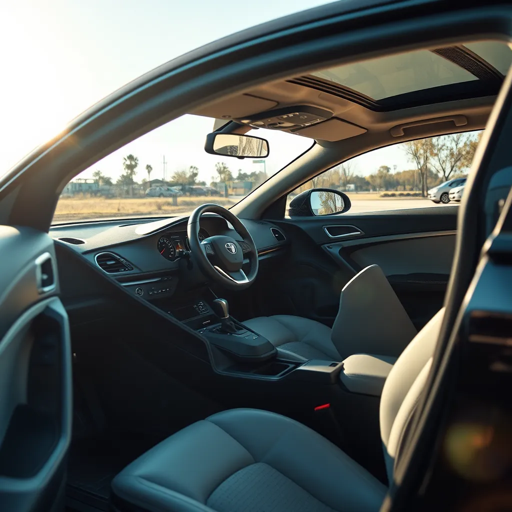 A photorealistic image of a clean, well-maintained car parked in a sunny outdoor setting, showcasing its exterior features and a spacious interior.