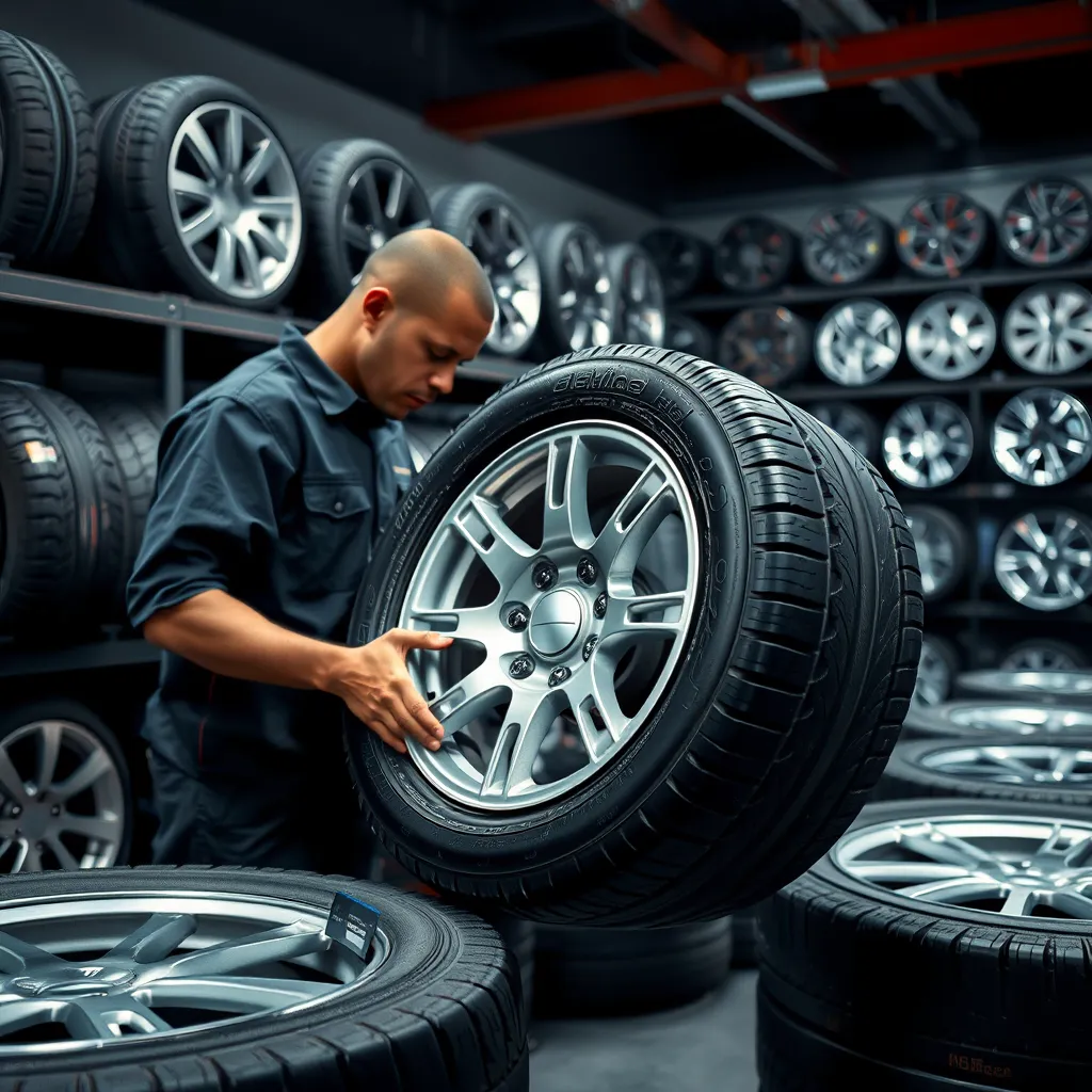 A photorealistic image of a mechanic inspecting a new tire and rim, with a variety of other tires and rims displayed in the background. The image should convey a sense of expertise and professionalism, highlighting the wide selection available.