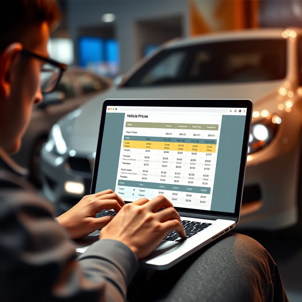 A photorealistic image of a person using a laptop to research vehicle prices online, with a car in the background.