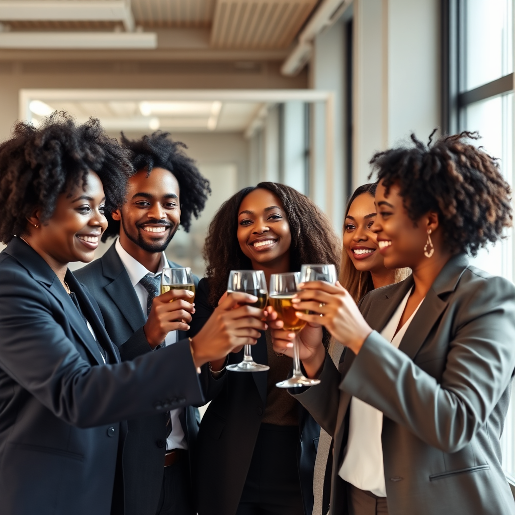 Professional corporate celebration, diverse team, brown skin, curly hair