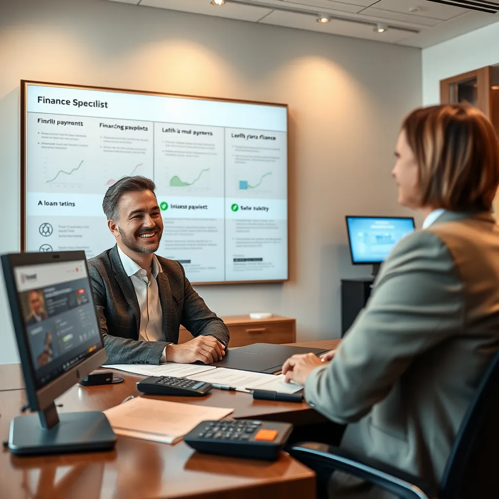 A professional and welcoming office space, featuring a friendly finance specialist sitting at a desk, engaging in a conversation with a customer. The background features a sleek wall display showcasing various financing options and benefits.  The lighting should be soft and diffused, creating a comfortable and inviting atmosphere.  The image should convey a sense of trust and expertise, emphasizing the specialist's approachable demeanor and the customer's relaxed posture.  Focus on the details of the finance specialist's desk, including relevant paperwork, a computer screen displaying financial data, and a calculator.  Include subtle visual cues that represent the range of financing options available, such as a chart showing monthly payments, a display of loan terms, or a visual representation of interest rates.  The overall composition should be balanced, showcasing the interaction between the customer and the finance specialist.  Style reference: Contemporary business photography with a warm and inviting aesthetic.