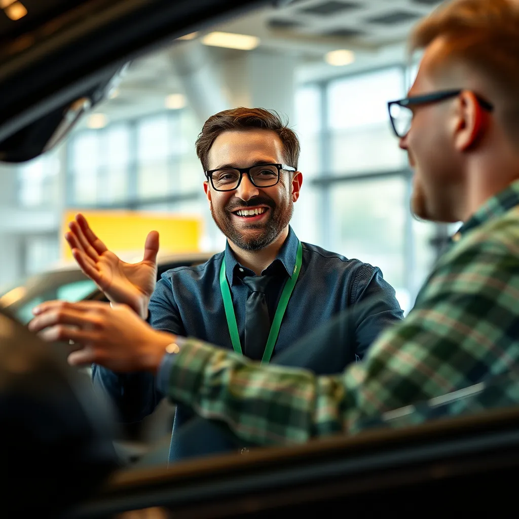 A professional car salesperson in a dealership, enthusiastically explaining the features of a car to a potential buyer. The image should depict a comfortable and welcoming environment, emphasizing the importance of a positive and transparent sales experience.